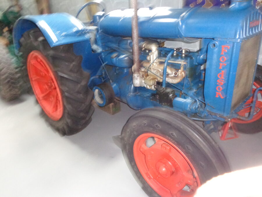 A blue Fordson tractor at the German Occupation Museum. The tractor was probably used on Guernsey before and during World War Two.