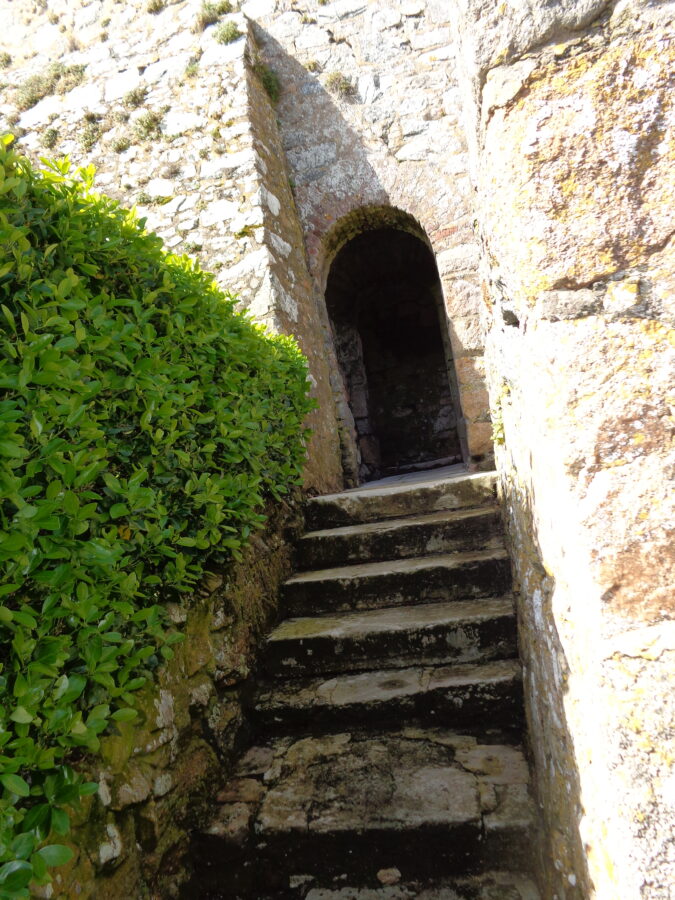 A flight of stone steps leading up to an old-looking arched stone doorway at Castle Cornet.  The stones are covered with patches of moss and lichen.
