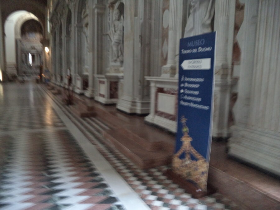 Another slightly blurred view down the side aisle showing a line of neoclassical statues in alcoves.
