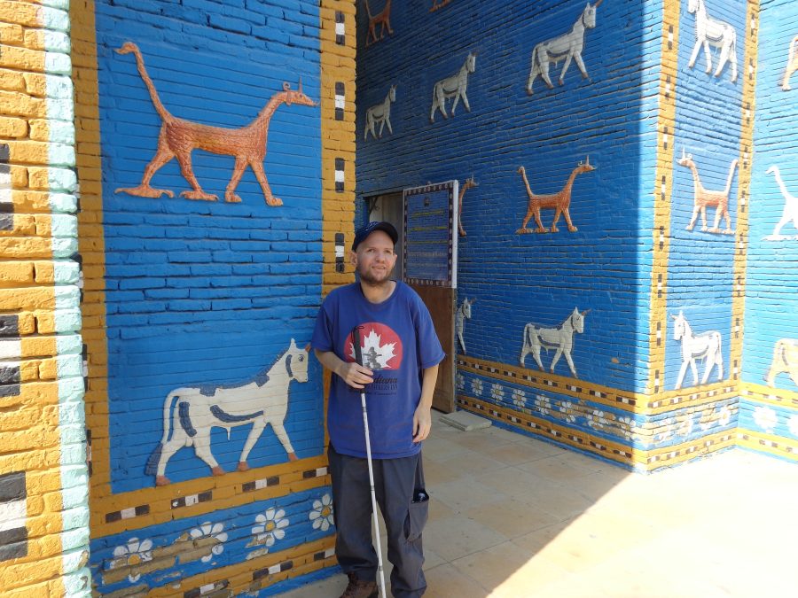 Tony stood at a reproduction of Ishtar Gate, one of the ancient gates through the inner city wall of Babylon. The original was constructed around 569 BC on the orders of King Nebuchadnezzar II on the north side of the city. It stood at 12 metres in height at the start of the Processional Way, leading to the Temple of Marduk, dedicated to Babylon’s chief god. The original gate was excavated by German archaeologist Robert Koldewey from 1904 to 1914. Substantial parts of the structure were subsequently taken back to Germany and the smaller frontal gate was then reconstructed at the Pergamon Museum in Berlin. The smaller reproduction seen here was built in the 1980s. The gate is a deep blue in colour, to represent lapis lazuli, and is covered with animals depicted in relief. The original was made from glazed mud-bricks to create a 3D effect. Two types of animal can be seen in the photo, one is an aurochs, a now extinct species of wild cattle, which is depicted as cream in colour and with long horns. The other animal is a dragon, or specially a mušḫuššu, a creature from ancient Mesopotamian mythology. This scaly animal is shown with a long slender neck, as well as lion-like forelimbs, and a tall tail. It also has a snake-like tongue. The original gate also depicted lions.